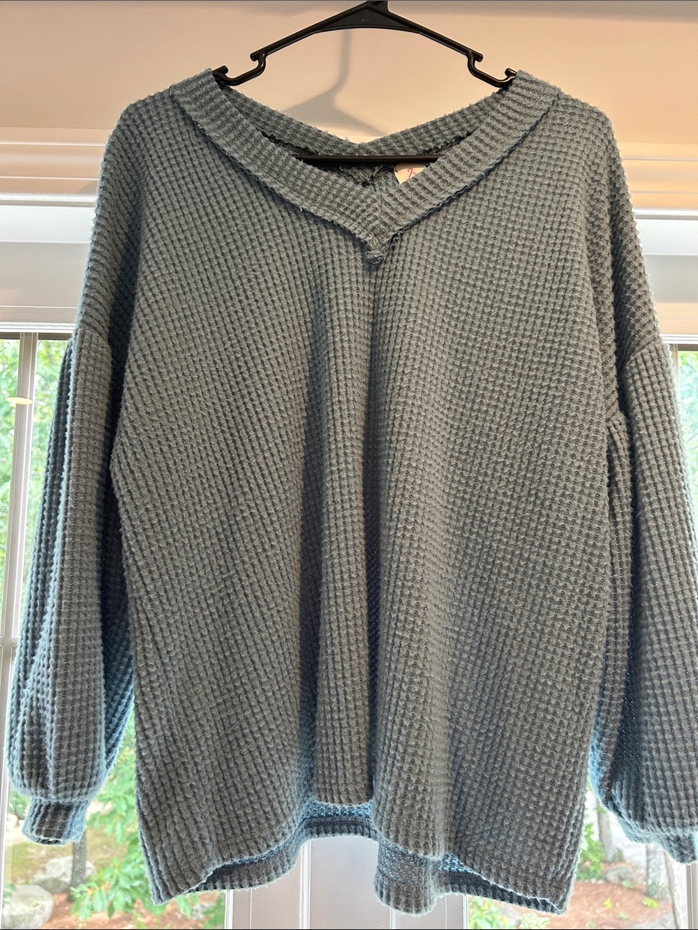 Waffle-Knit V-Neck Sweater - Slate Blue